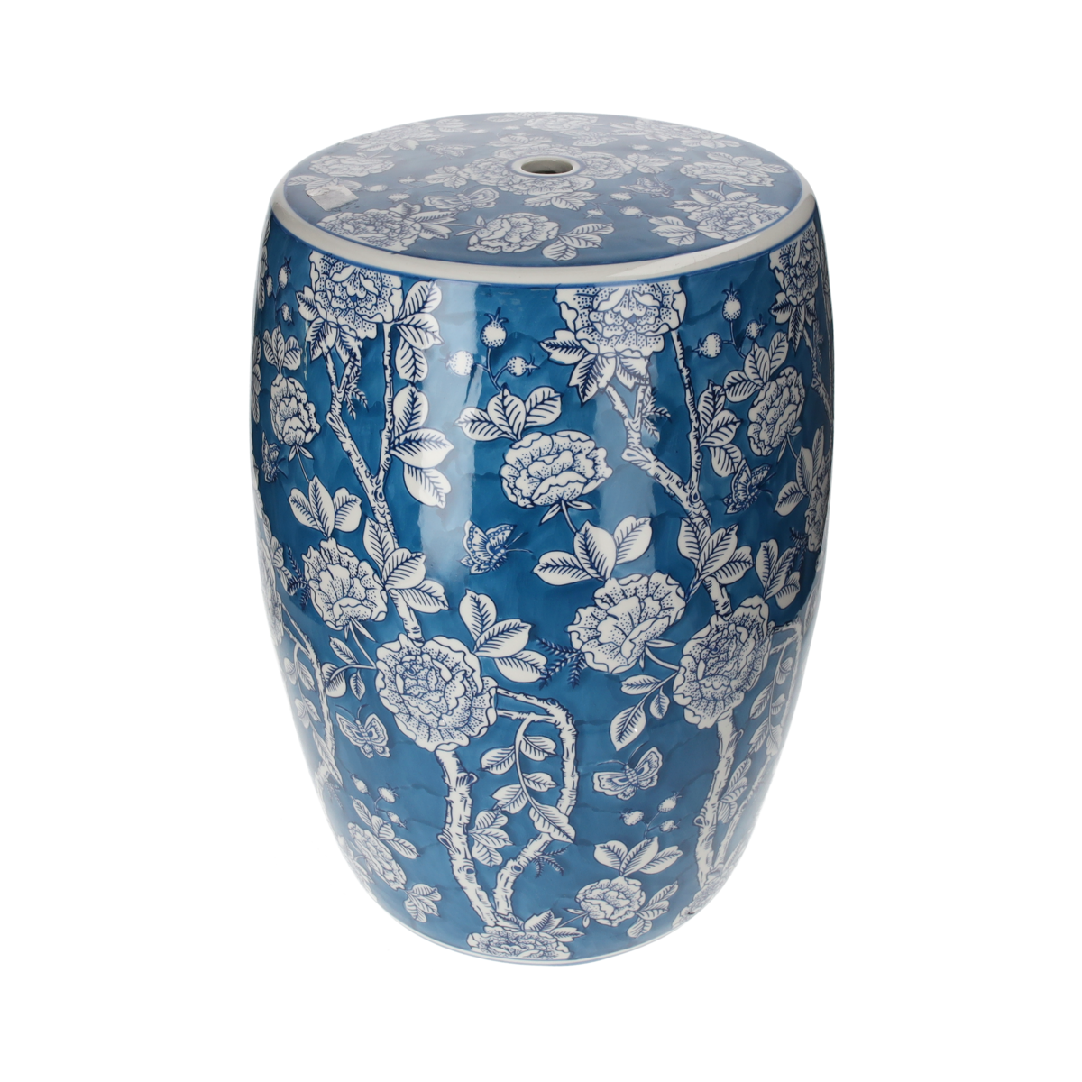 Blue porcelain pouf with white decorations h 45 x Ø 28 cm