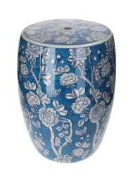 Blue porcelain pouf with white decorations h 45 x Ø 28 cm