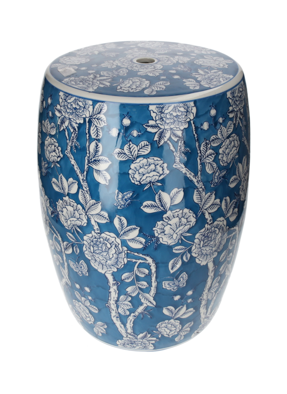 Blue porcelain pouf with white decorations h 45 x Ø 28 cm