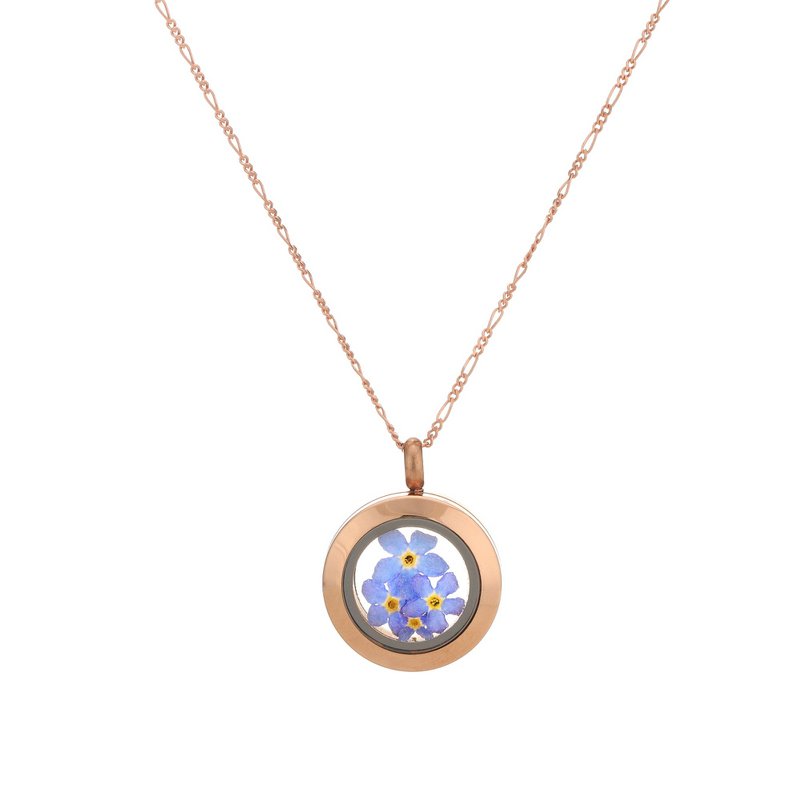 Medallón de Nomeolvides chapado en oro rosa - Collar chapado en oro de ley 925 con flores reales - K925-126
