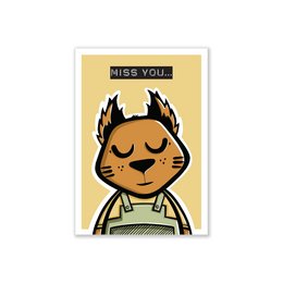 Squirrel postcard with the text "Miss you..." and an illustration of a squirrel-like character with a sad expression.