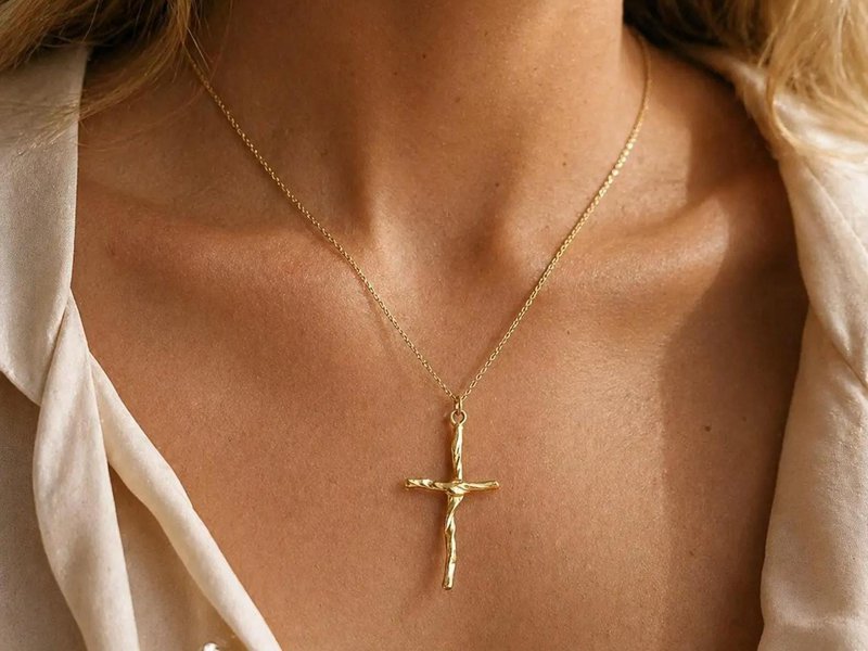 Gold Cross Necklace, Handmade Nature Jewelry, Organic Branch Pendant, Gift for Faith & Protection, Sterling Silver 925 Twig