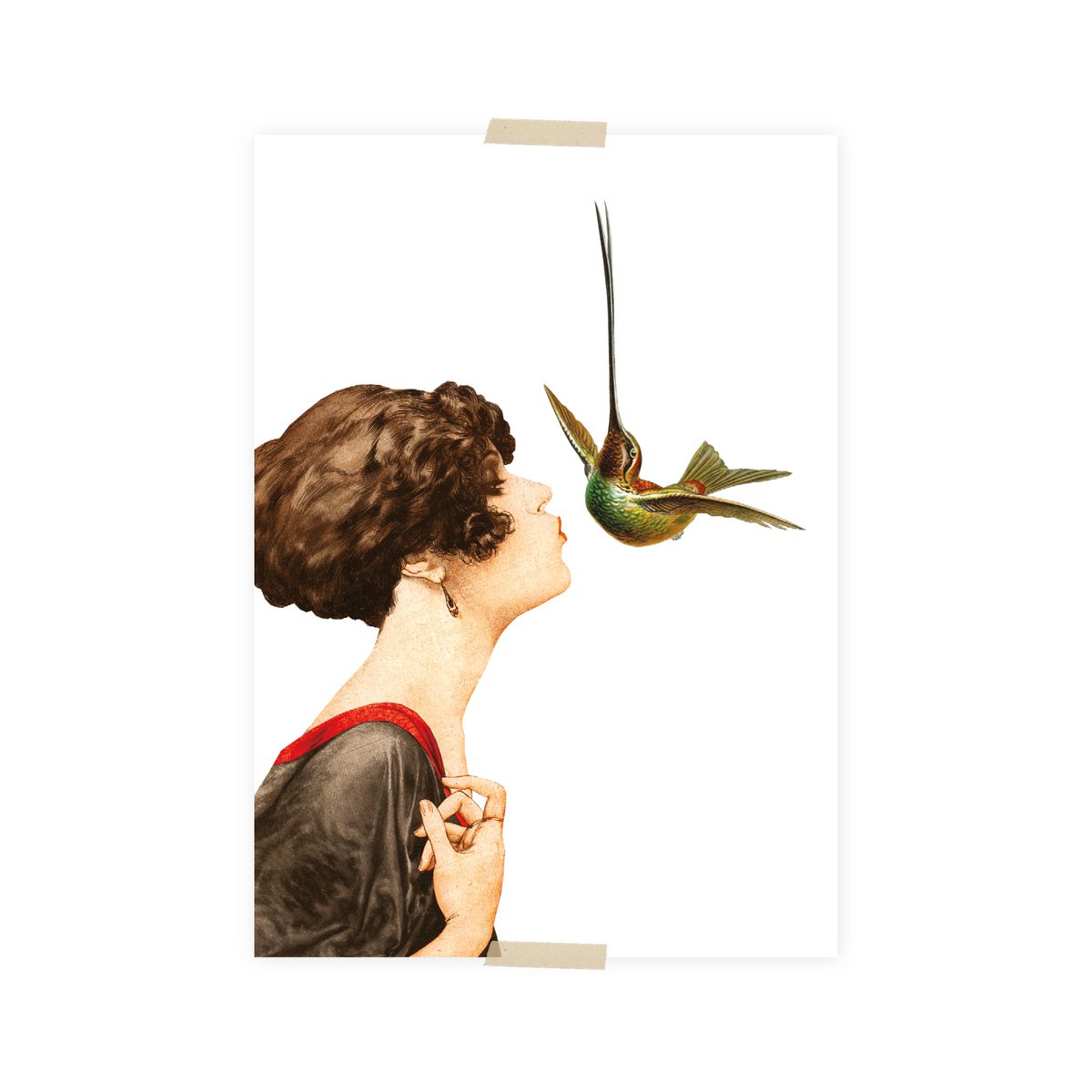 Postcard collage little lady kisses hummingbird