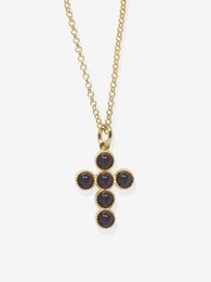 Gold-plated necklace with iolite gemstones in the shape of a cross. The necklace features a delicate chain and a pendant with a cross design made up of round iolite stones. The necklace is available in two sizes, S (42.5 + 5 cm / 16" + 2") and M (46 + 5 cm / 18" + 2").