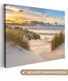 Lærredsmaleri - vægdekorationstrand - klit - græs - solnedgang - hav - vægdekoration stue - soveværelse dekoration - værelse tilbehør - malerier på lærred
