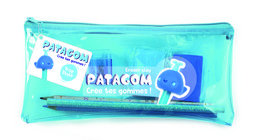 Aqua blue pencil case with whale graphic, containing blue and white pencils and erasers.