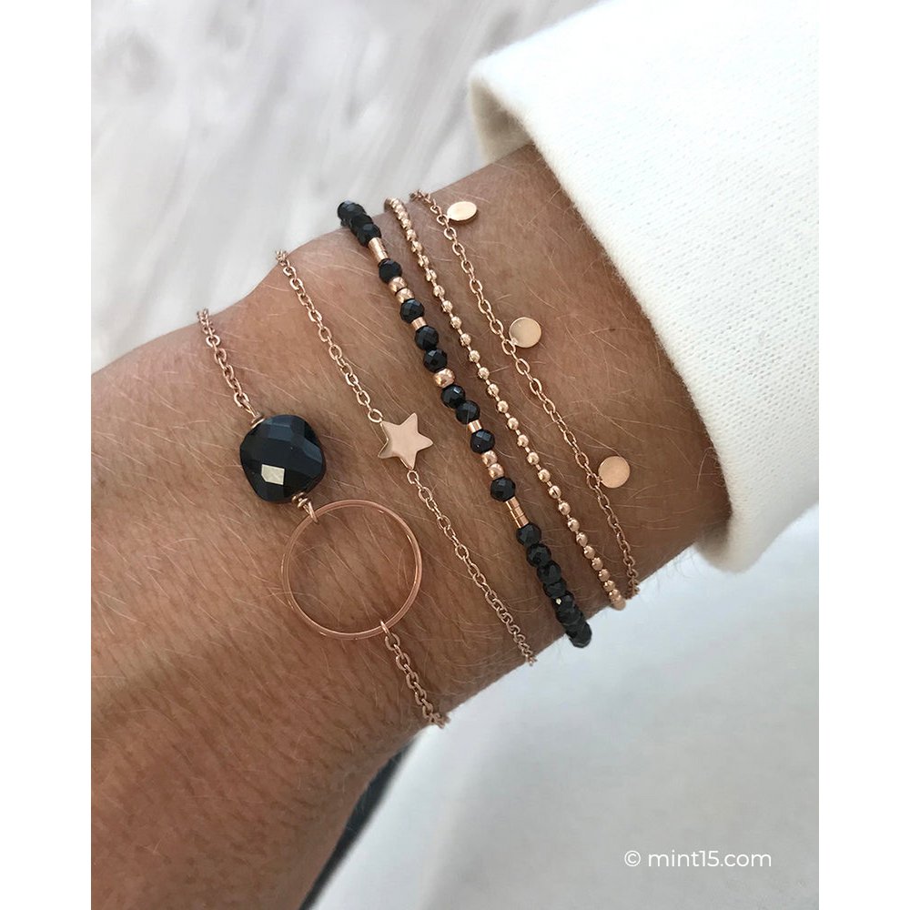 Kædearmbånd med ring - Sort Obsidian - Rose Guld