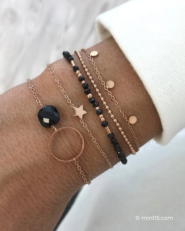 Kædearmbånd med ring - Sort Obsidian - Rose Guld