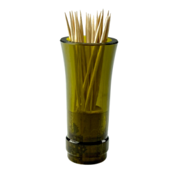 Upcycled toothpick holder made from a bottle, featuring a green glass container and wooden toothpicks.