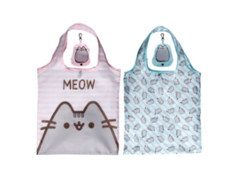  Foldable shopping bag with Pusheen cat design, available in blue and pink colors.
