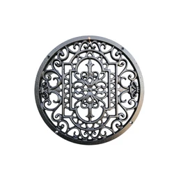  Round black cast iron mandala grille with ornate decorative filigree pattern, air vent cover