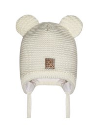 Cream baby hat with bear ears, made of soft knitted material. Features a small logo patch. Available in sizes 1-3M and 3-6M, in cream, toffee, and navy blue colors.
