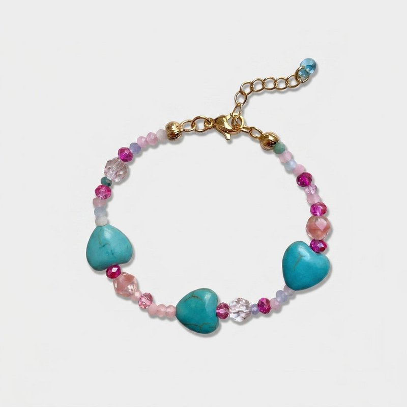 Blå ædelstenshjerter armbånd med krystaller, forgyldt forlængelse