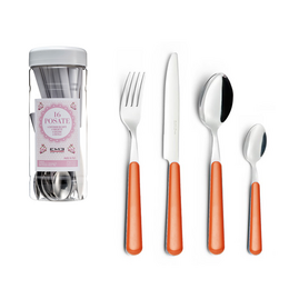  A 24-piece cutlery set in a window box, featuring a variety of colorful stainless steel utensils including forks, knives, and spoons.
