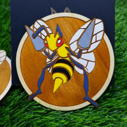 Wooden Colorful Pokémon Coaster, Beedrill, Geek Decor, Nerd Room Anime Fan Gift Housewarming