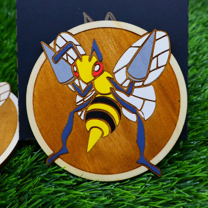 Wooden Colorful Pokémon Coaster, Beedrill, Geek Decor, Nerd Room Anime Fan Gift Housewarming