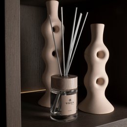Fragrance diffuser with reed sticks in a glass container. The diffuser has a minimalist, modern design with a neutral color palette.
