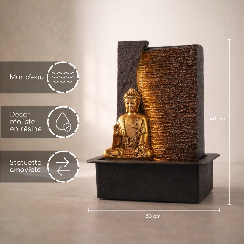 Zimmerbrunnen – Jati – abnehmbare Buddha-Statue – weißes LED-Licht – Zen und entspannende Atmosphäre – einfach zu bedienen