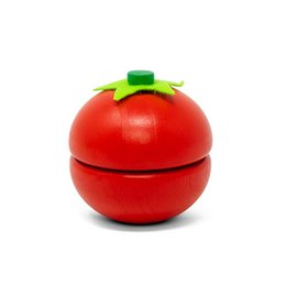  A wooden toy in the shape of a tomato, consisting of two halves that can be separated and put back together. The tomato is painted in a bright red color with a green stem on top.