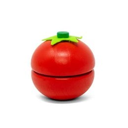 A wooden toy in the shape of a tomato, consisting of two halves that can be separated and put back together. The tomato is painted in a bright red color with a green stem on top.