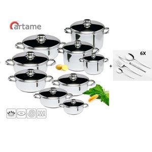 ARTAME 9-PIECE 18/10 ST.STEEL SET (Sauces: Ø18-20-22-24-26-28 + Pans: Ø18-20-24) + 24 ST.STEEL CUTLERY PIECES WITH STEAK KNIFE