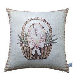 Decorative cushion cover with colorful gobelin-style embroidered Easter eggs and floral elements.