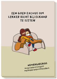 A cozy greeting card with a playful illustration and Dutch text that translates to "A good excuse to stay on the couch and read a little more."