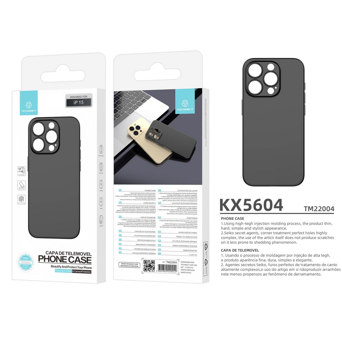 Techancy Capa Para Telemóvel Ultra Fina Preta KX5604, Compatível Com O Telemóvel Iphone 15, Material Pp De 0,5 Mm.