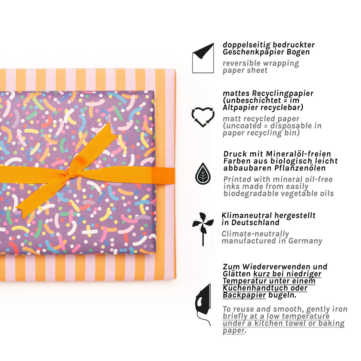 Lila Geschenkpapier Bunte Streusel - Kinder Geschenke verpacken mit Regenbogen Konfetti Papier für Geburtstagsparty und Einschulungs Geschenk, Geschenkpapier Streifen Pink Orange
