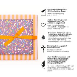 Lila Geschenkpapier Bunte Streusel - Kinder Geschenke verpacken mit Regenbogen Konfetti Papier für Geburtstagsparty und Einschulungs Geschenk, Geschenkpapier Streifen Pink Orange