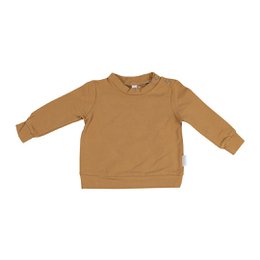 A tan organic cotton sweater for kids, featuring a classic crew neck design and long sleeves. The sweater is available in sizes ranging from 50 to 104.