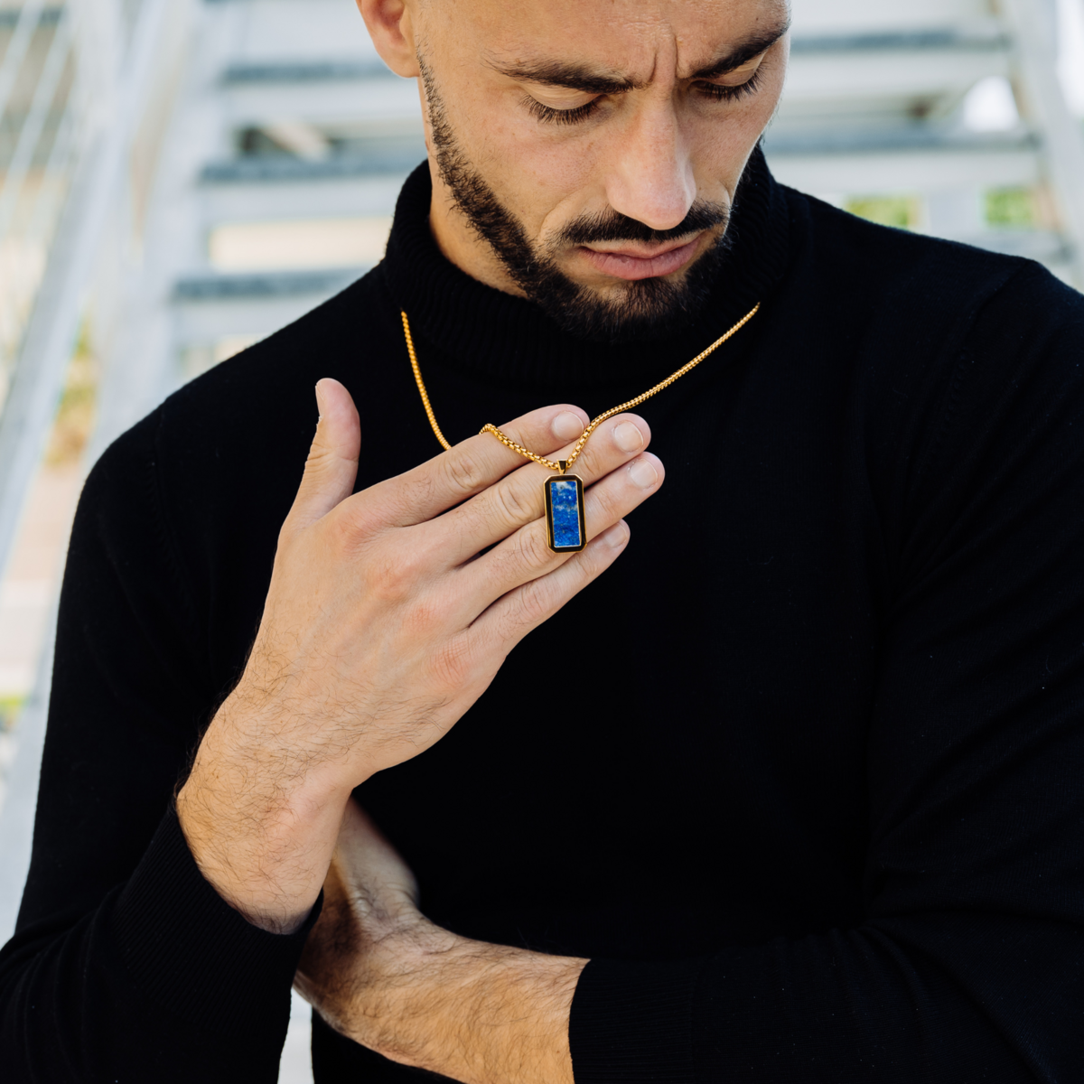 Collana in acciaio inossidabile dorato maschile con ciondolo Lapis Lazuli rettangolo