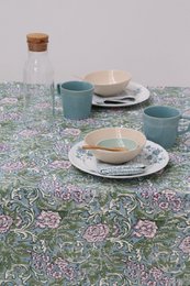  Tablecloth with floral chintz pattern in aubergine color, available in multiple sizes including small, square, standard, and large. The tablecloth features a mix of colors including green, pink, and purple.