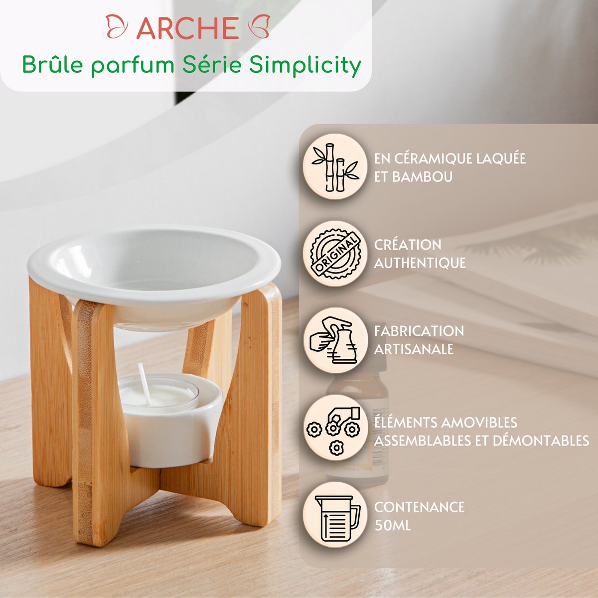Bruciaprofumi Serie Simplicity - Arco - Ceramica Laccata e Bambù - Idea Regalo - Decorazione Semplice e Moderna