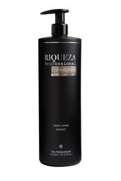 Black 1000ml shampoo bottle with pump dispenser. Shower gel product for hair, body, and soul.