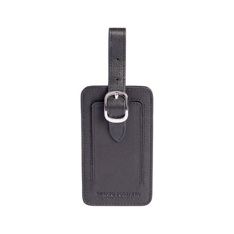 RB0054A | Gepäckanhänger aus echtem Vollnarbenleder mit leichter Narbung. Schwarze Farbe. Verstellbarer Riemen. Abmessungen: 6,5 x 12 x 0,5 cm