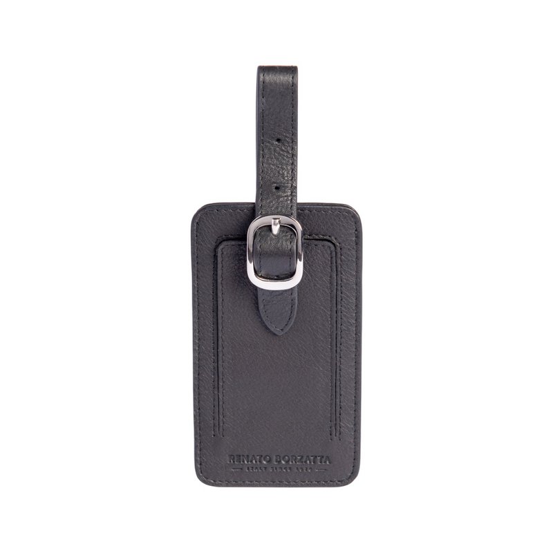 RB0054A | Gepäckanhänger aus echtem Vollnarbenleder mit leichter Narbung. Schwarze Farbe. Verstellbarer Riemen. Abmessungen: 6,5 x 12 x 0,5 cm