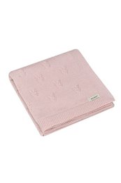  A soft, cozy 100% merino wool blanket in a light pink color, featuring a subtle diamond pattern. Made in Poland.