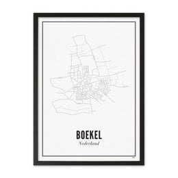 Minimalist black and white map poster of Boekel, Netherlands. Includes city layout and street grid.