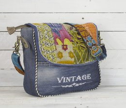 Sac à bandoulière durable Sunsa pour femmes. Sac à bandoulière fabriqué à partir de jeans recyclés et de tissu sari (toile). Sac à main style rétro vintage. Sac bandoulière pour femme.