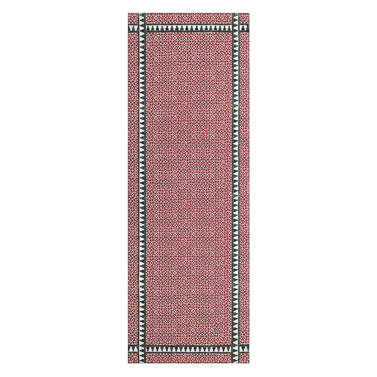 Red silk scarf with geometric print inspired by Andalusian tiles