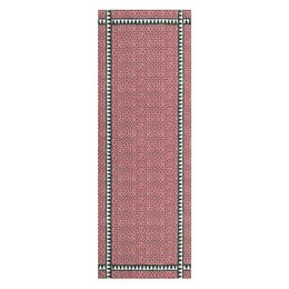Red silk scarf with geometric print inspired by Andalusian tiles