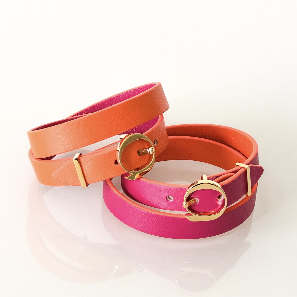 Bracelet cuir DUO TWIST Orange - Fuchsia