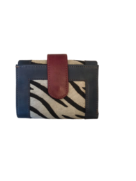 Rectangular wallet with zebra-print pattern and contrasting leather trim in burgundy and navy colors.
