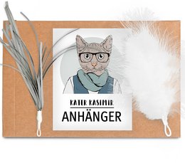 Replacement pendant (spring + ribbons) for cat rod - sustainable cat toy. Includes a gray cat wearing glasses and a scarf, hanging on a rod with ribbons and springs.