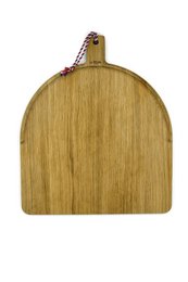 Large round wooden serving plate with a dark brown handle.