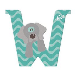 Wooden letter W with a gray elephant design and teal wave pattern background. Suitable for a children's room or nursery decor.