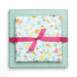 Colorful wrapping paper turquoise with terrazzo pattern, children pack gifts for children's birthday, for school or at birth