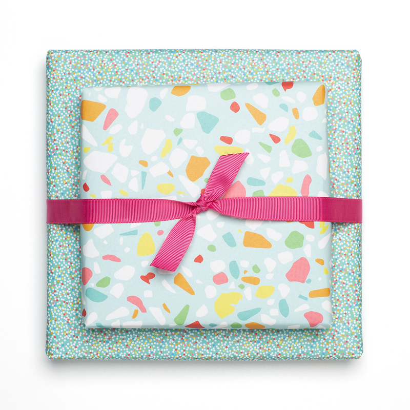 Colorful wrapping paper turquoise with terrazzo pattern, children pack gifts for children's birthday, for school or at birth