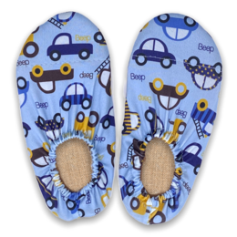 Blue children's slippers with cars, trucks, and vehicles pattern, non-slip soles, water shoes.